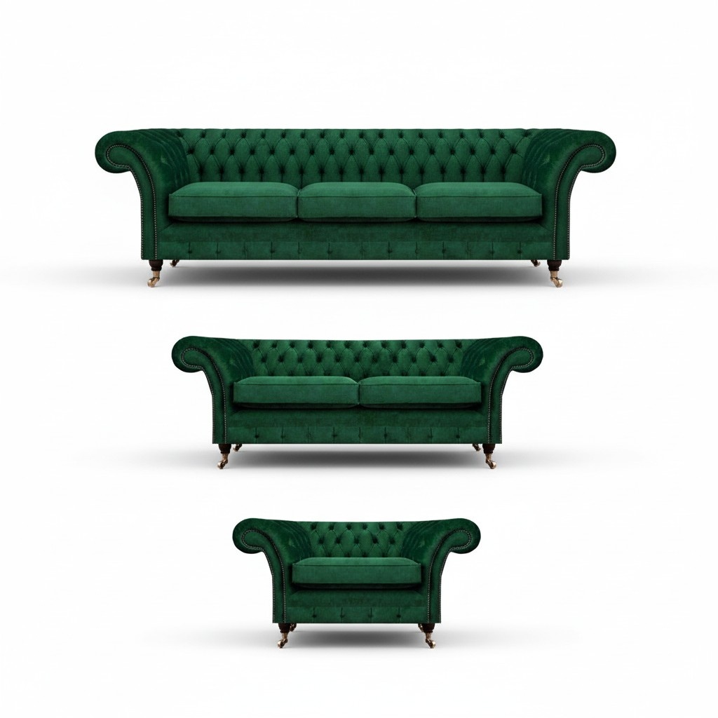 Chesterfield sofa set 3-piece upholstered furniture green furnishings living room 3+2+1