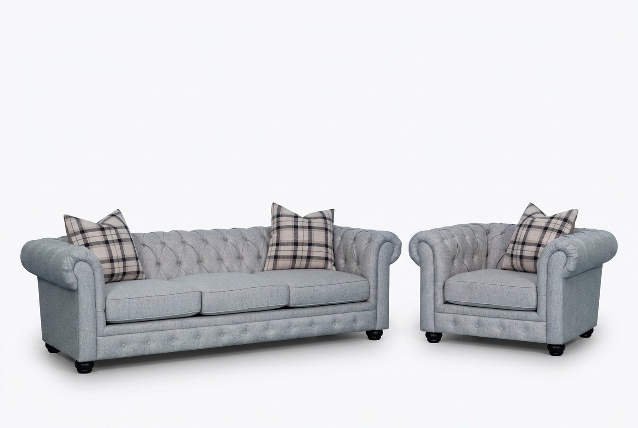 Chesterfield Sofa Set 3+1 Seaters Textile Upholstered 2pcs Grey Living Room Couches New
