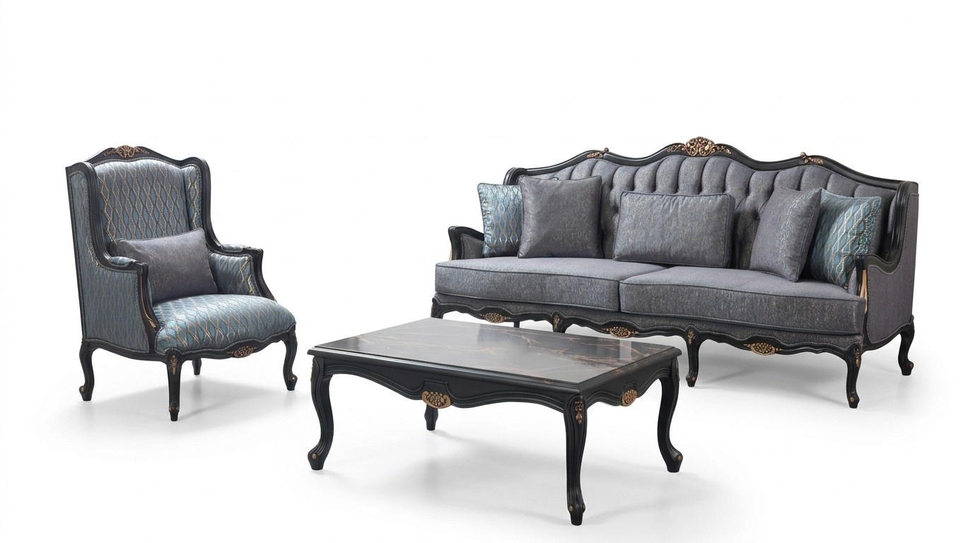 Chesterfield sofa set three seater armchair fabric coffee table blue new