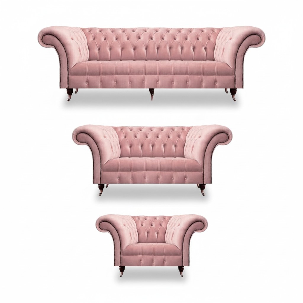 Chesterfield Sofa Set Upholstered Furniture 2x Sofas New Pink Armchair Living Room