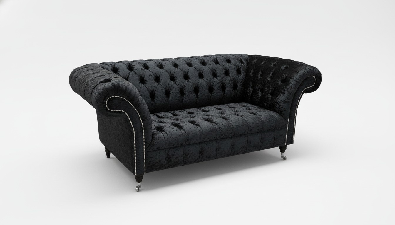 Chesterfield Sofa 2-Seater Classic Loveseat Textile Upholstered Black Comfortable Couch New