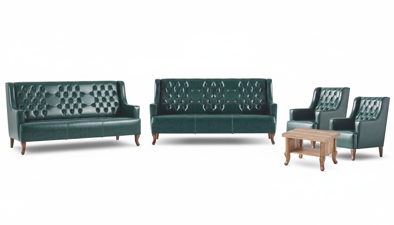 Chesterfield Sofas Leather Sofas Classic Green 3-Seater Armchair Coffee Table