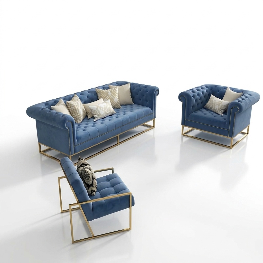 Chesterfield stainless steel couch upholstery seat set sofa 3+1+1 leather living room