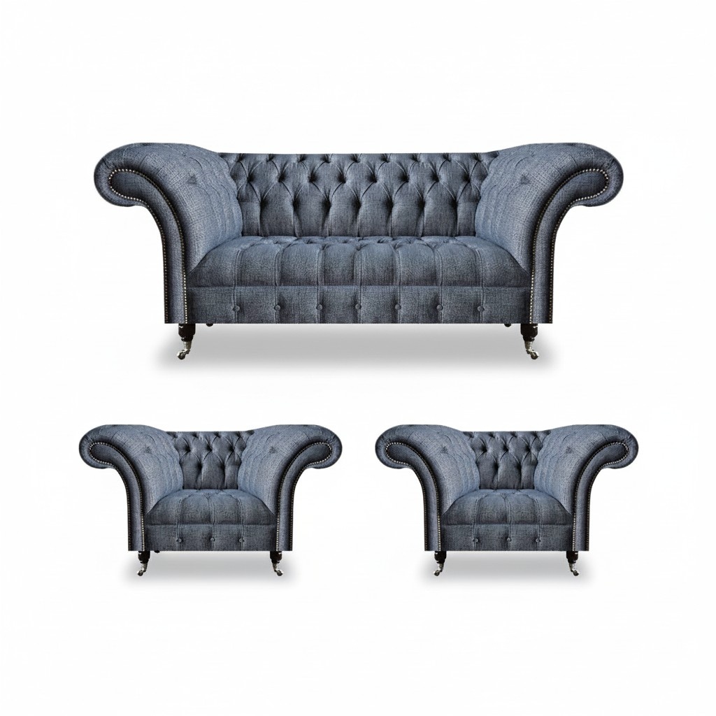 Chesterfield set grey upholstery seating 2x armchairs three-seater