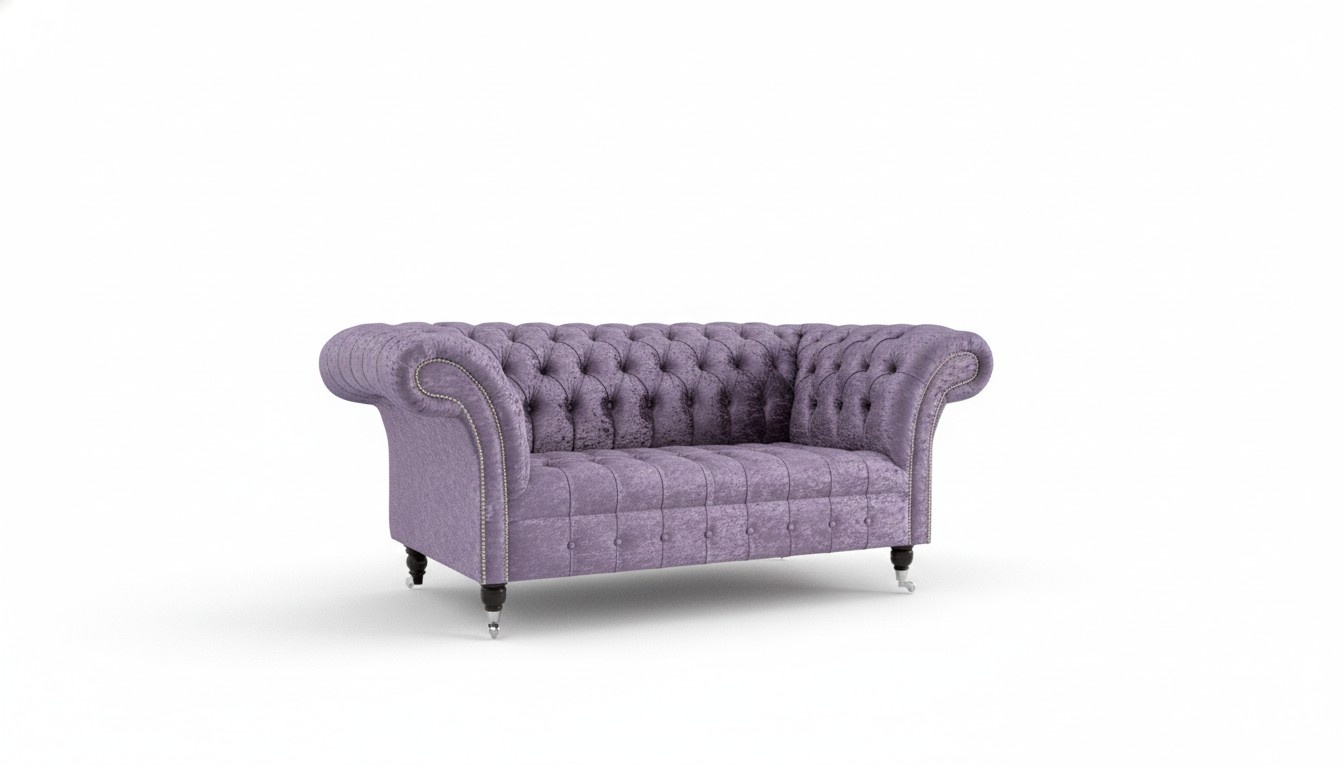 Chesterfield Sofa Purple 2-Seater On Casters Textile Velvet Upholstered Luxurious Design New