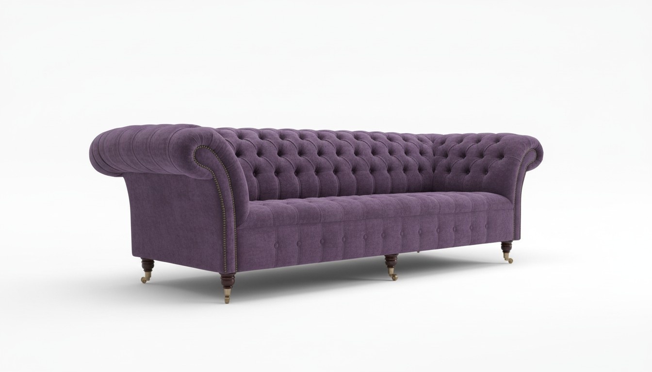 Chesterfield Classic Sofa XXL 4-Seater Purple Textile Couch On Wheels Living Room New