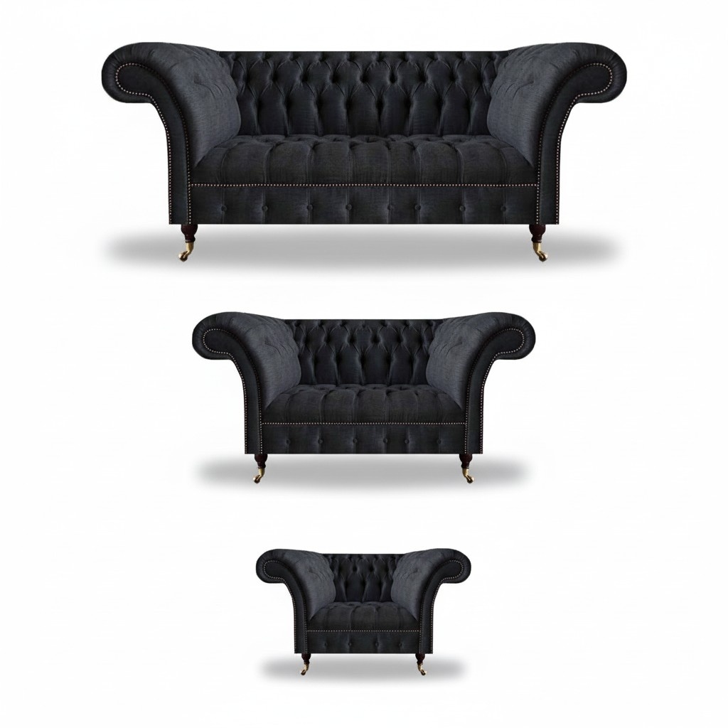 Chesterfield Textile Upholstered Black Couch Living Room 3-Piece Set