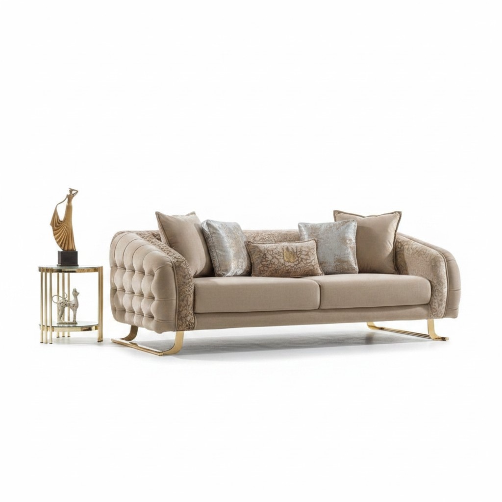 Chesterfield three-seater sofa, fabric sofa, upholstered sofa, beige, new.