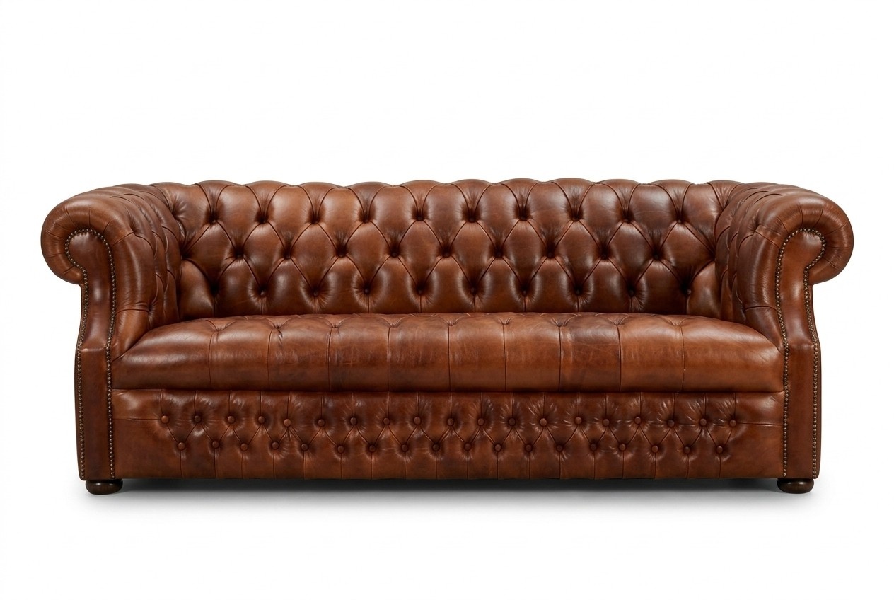 Chesterfield 3-seater sofa couch leather upholstery design seat new brown with glossy cover
