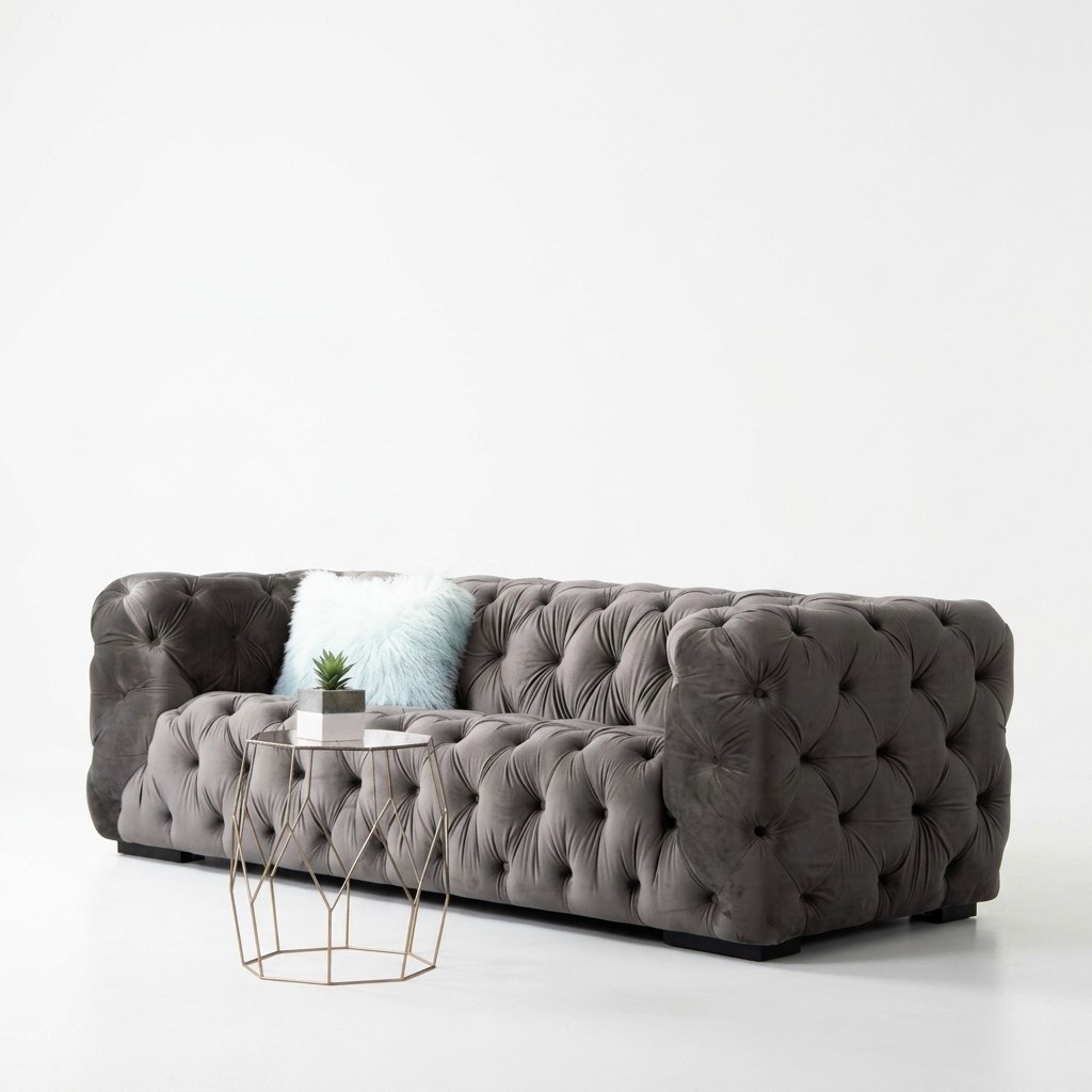 Sofa 3-Seater Chesterfield With Buttons Grey Textile Modern Comfortable Couch New