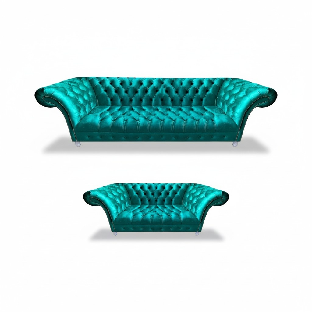 Chesterfield Upholstered Furniture 2x Sofas Blue Seating Furniture Living Room Set