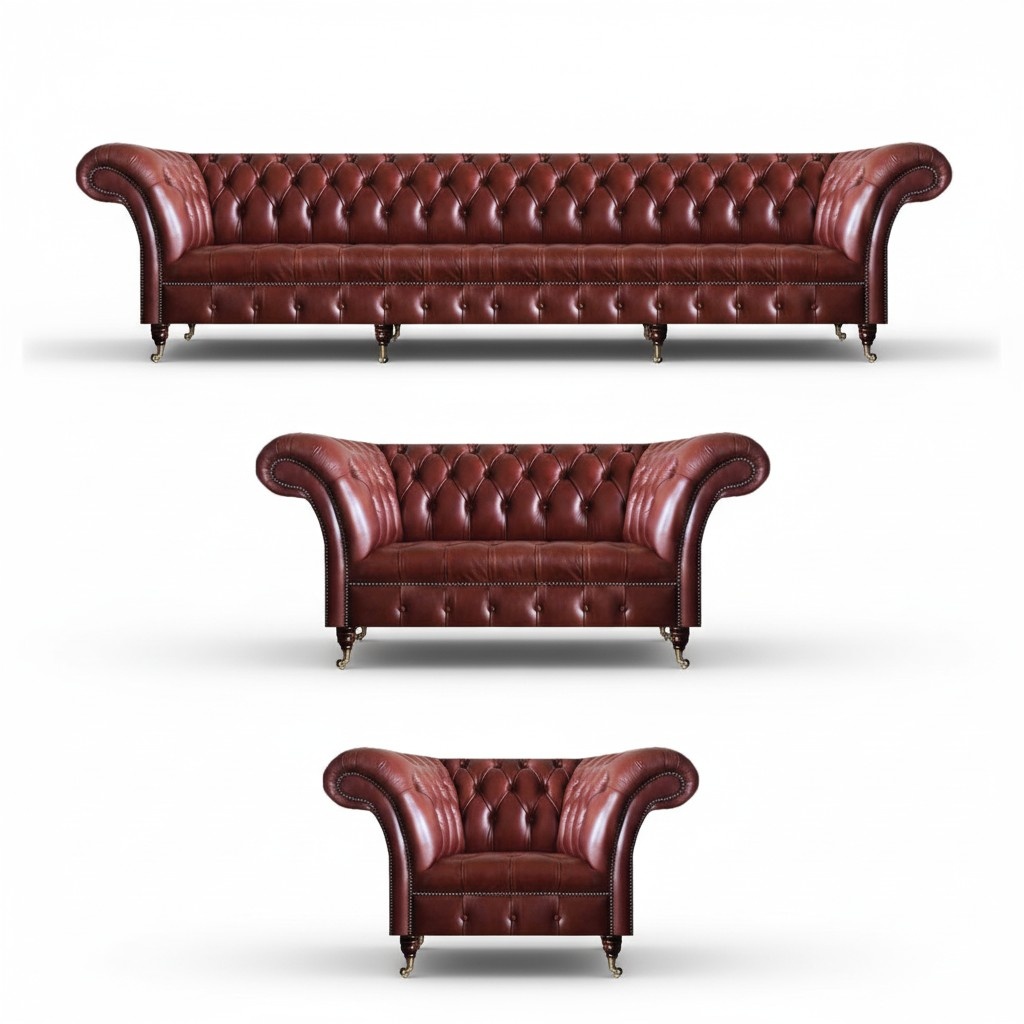 Chesterfield Upholstered Furniture Brown Complete Sofa Set 3-piece Living Room