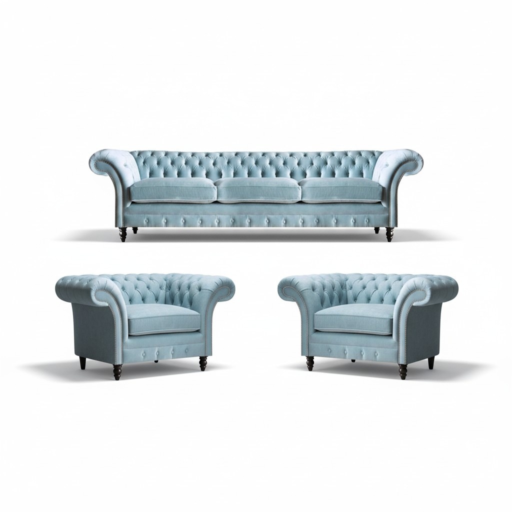 Chesterfield Upholstered Seating Blue Sofa Set 3-Seater 2x Armchairs