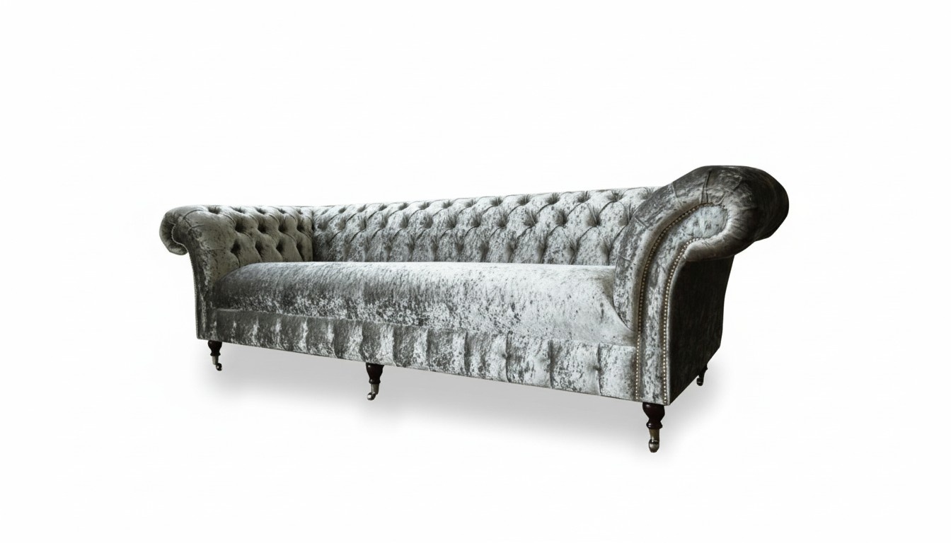 Chesterfield Cushion Couch Fabric Sofa Seat Set Velvet Silver 4 Seat