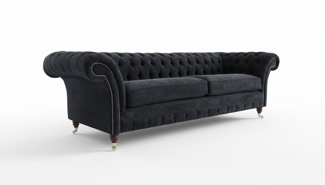 Chesterfield Sofa 4-Seater on Casters Black Textile Upholstered Couch Comfortable with Cushions