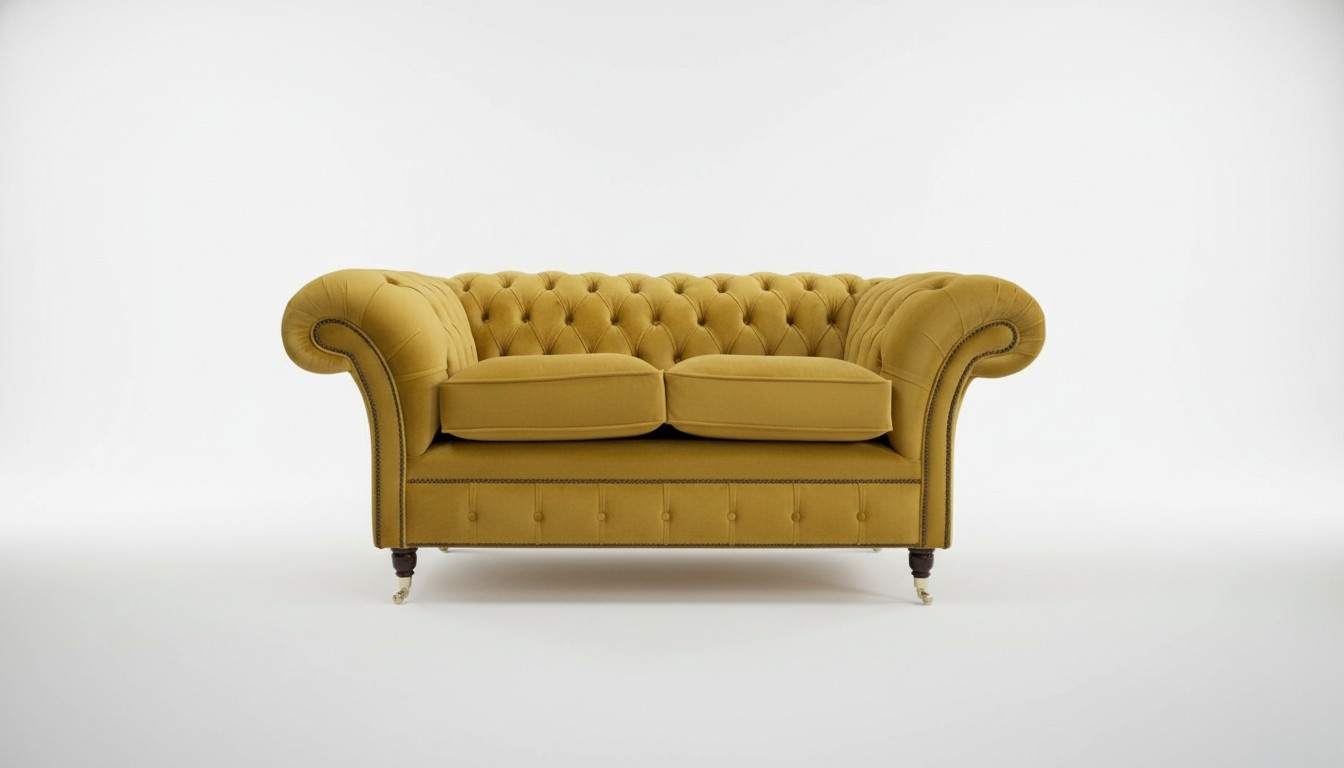 Cheserfield Velvet Sofa 2 Seater Designer Couchen Couch Textile Fabric Yellow Upholstery