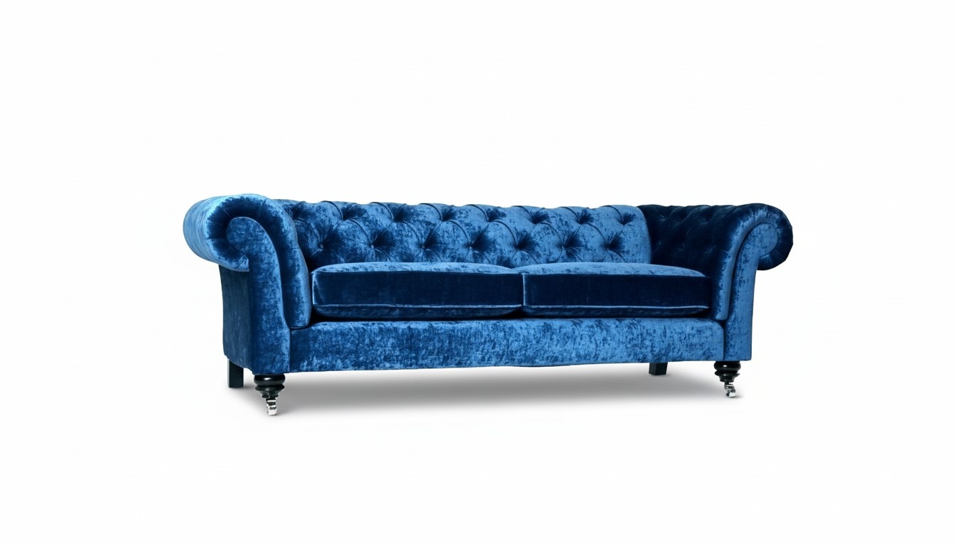 Chesterfield Premium Sofa 3-Seater Blue Velvet Upholstered Soft Cushions Comfortable New