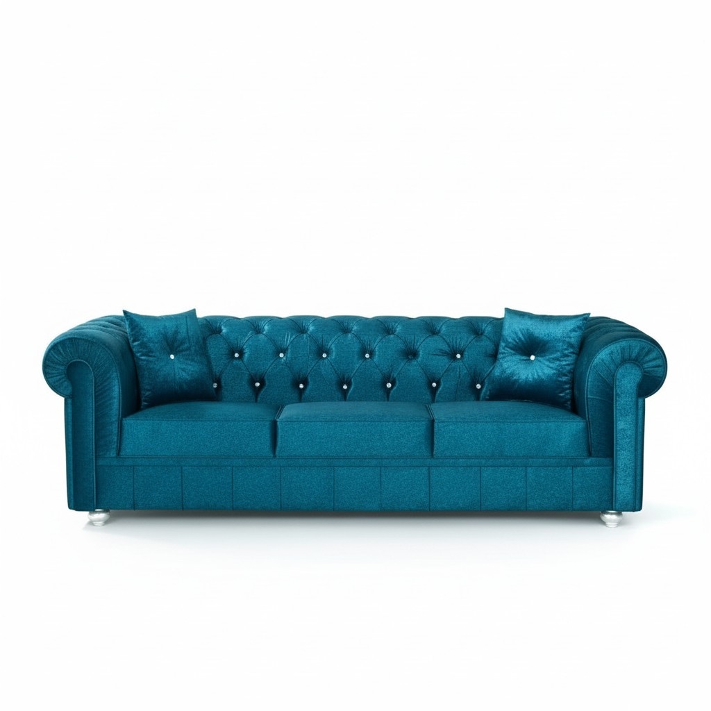 Chesterfield Sofa 3-Seater Turquoise Blue Textile Fabric Upholstery With Cushions New Comfortable Couch