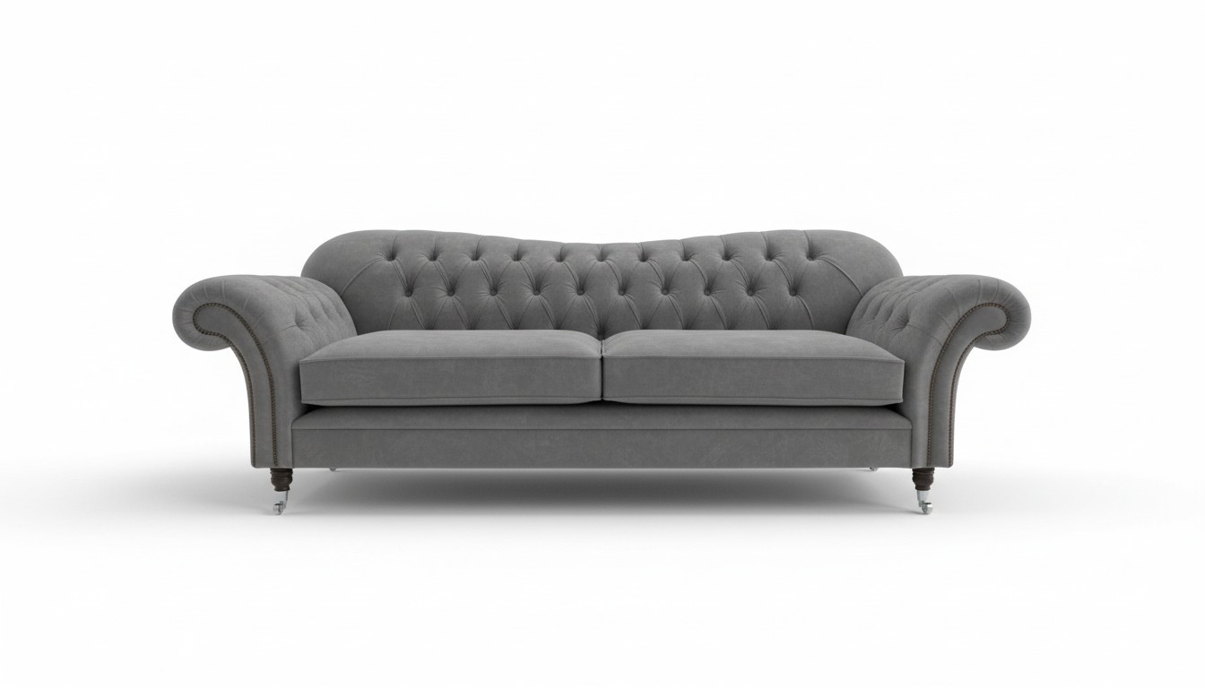 Chesterfield Sofa 3-Seater Grey Textile Comfortable Cushions Amazing Couch on Castors New