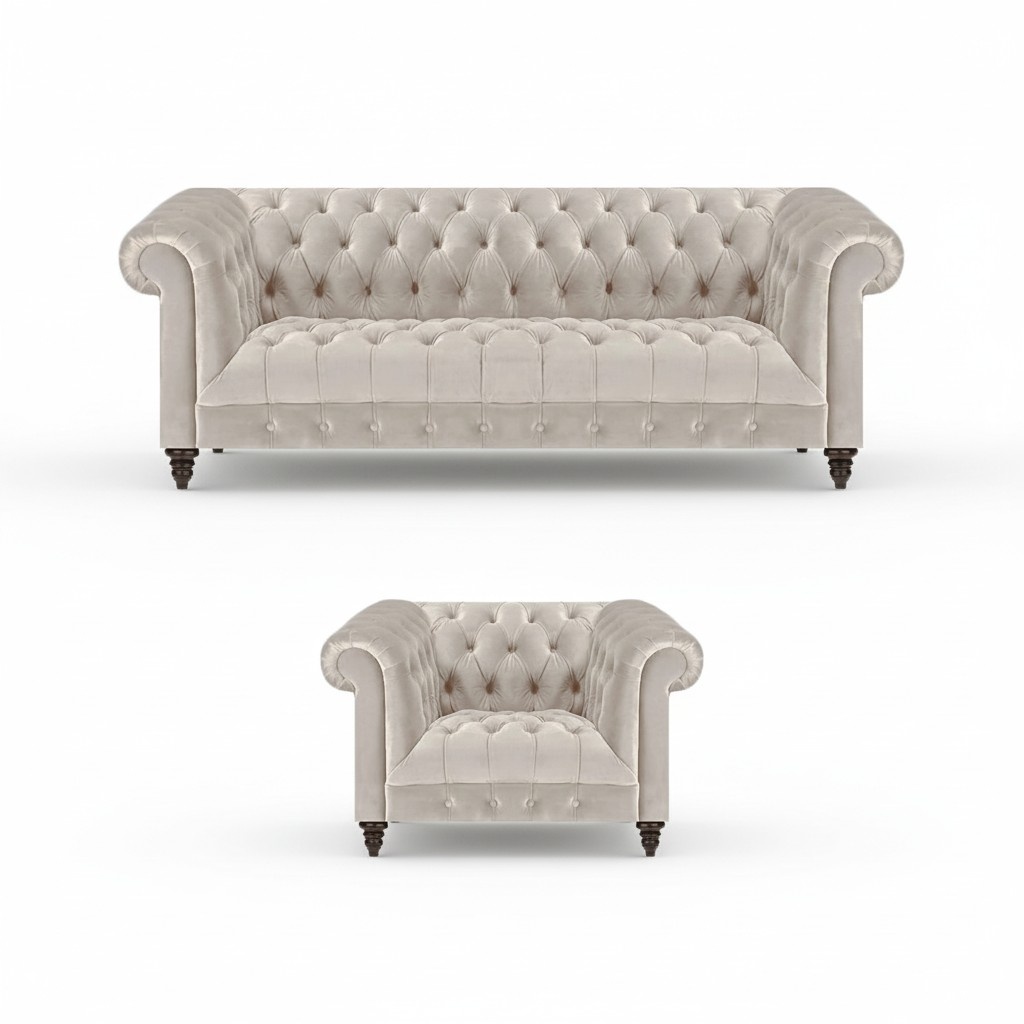 Chesterfield White Upholstered Sofa Luxurious 3-Seater Fabric Armchair