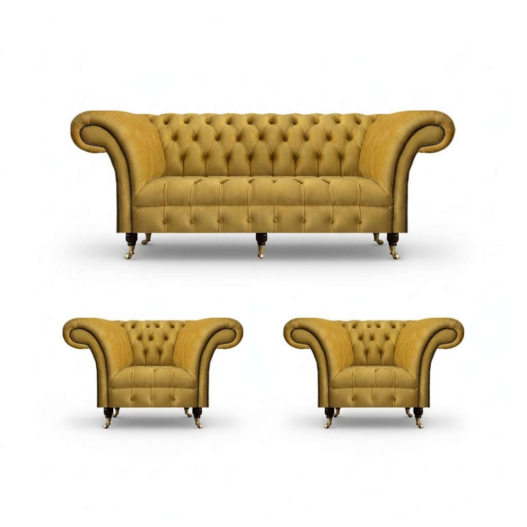 Chesterfield Yellow Sofa Set Designer Three-Seater Elegant Armchairs 3-piece