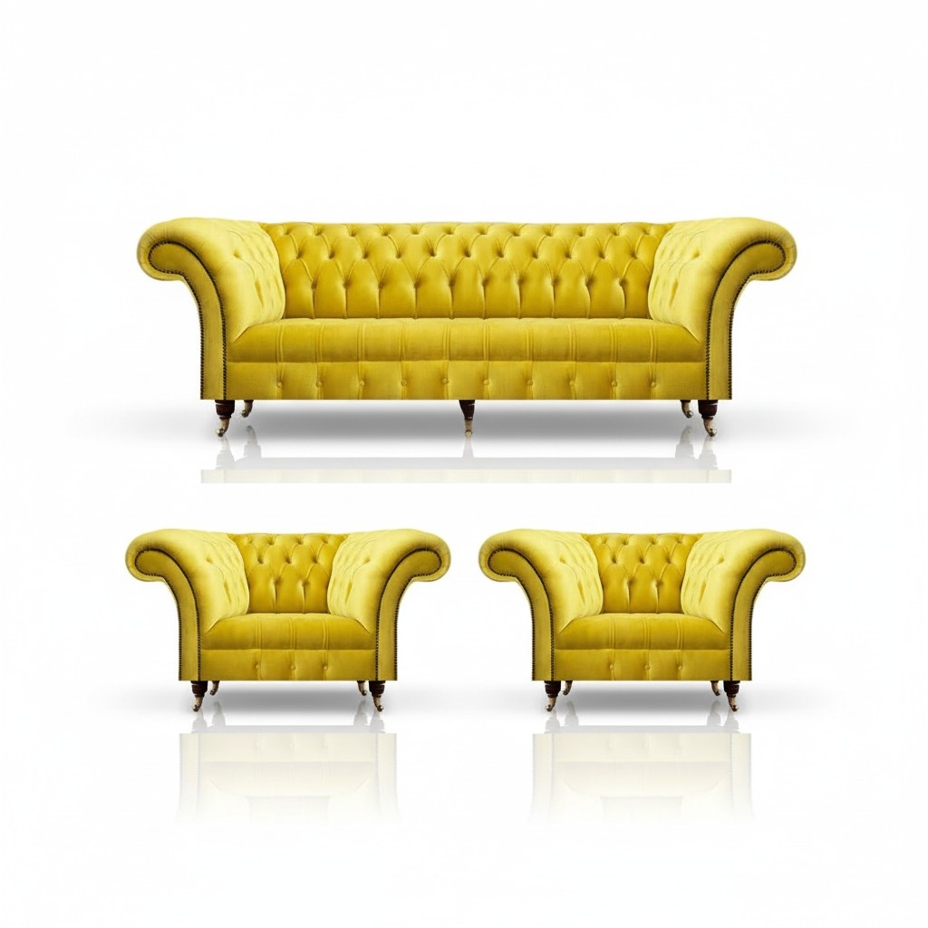 Chesterfield Yellow Sofa Set 3 Pieces Textile Fabric Upholstered Furniture Armchair New Furniture