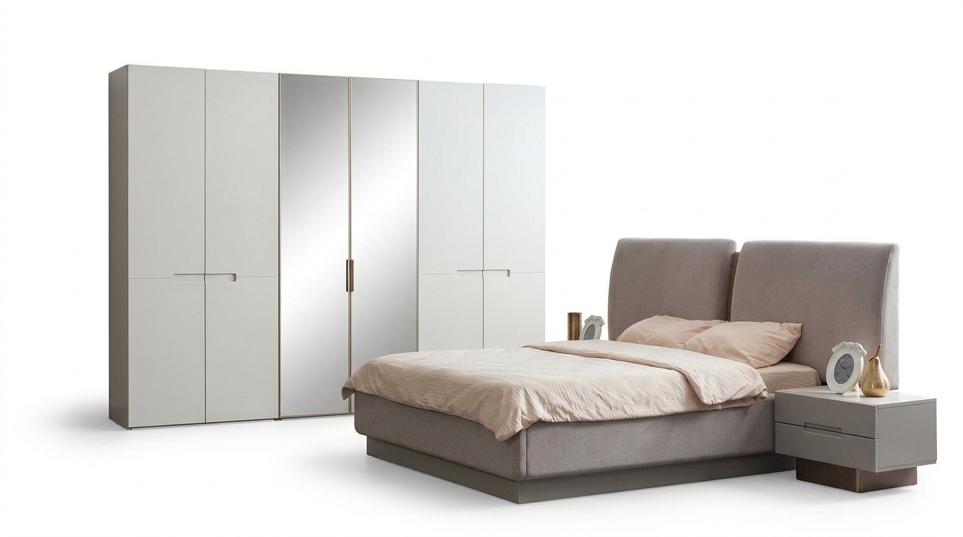 Chic 4-piece bedroom set bed with 2 nightstands and wardrobe.