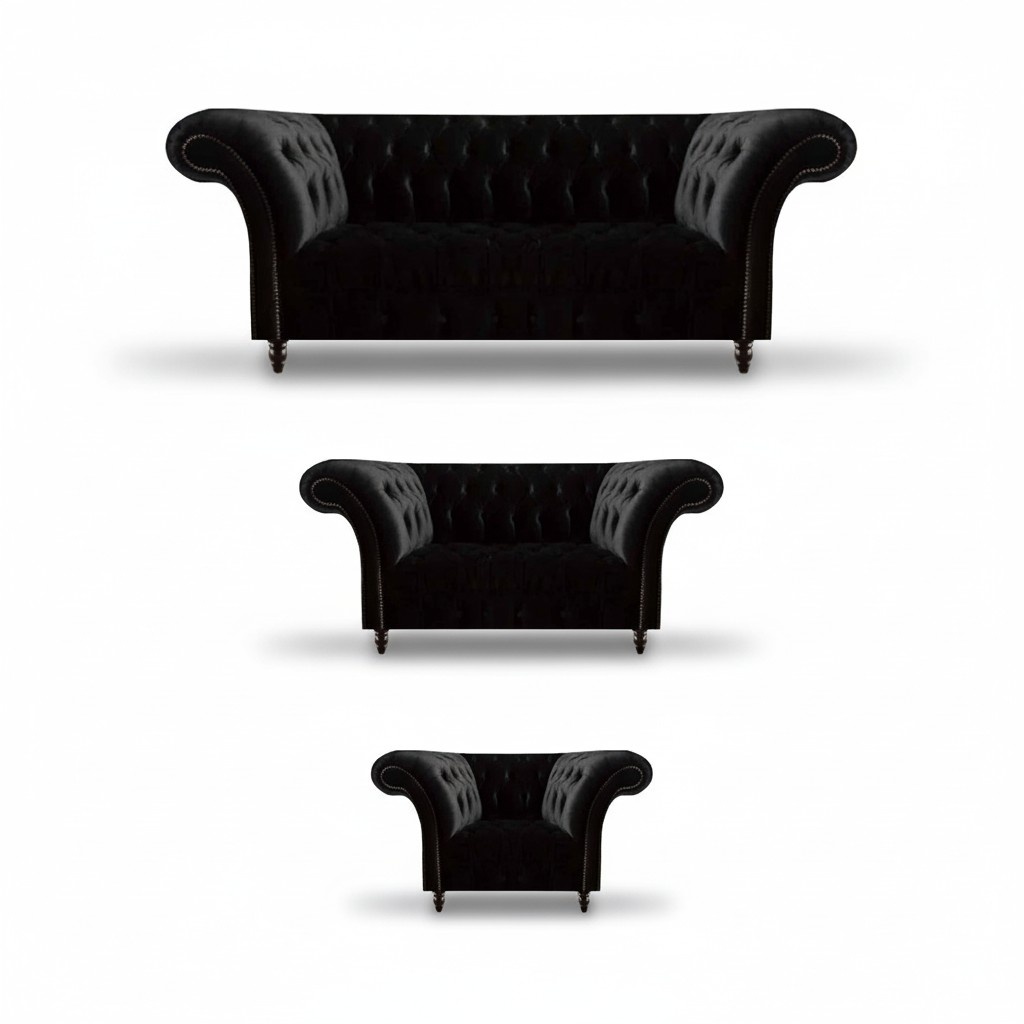 Send black upholstered Chesterfield sofa set, 3-seater armchair.