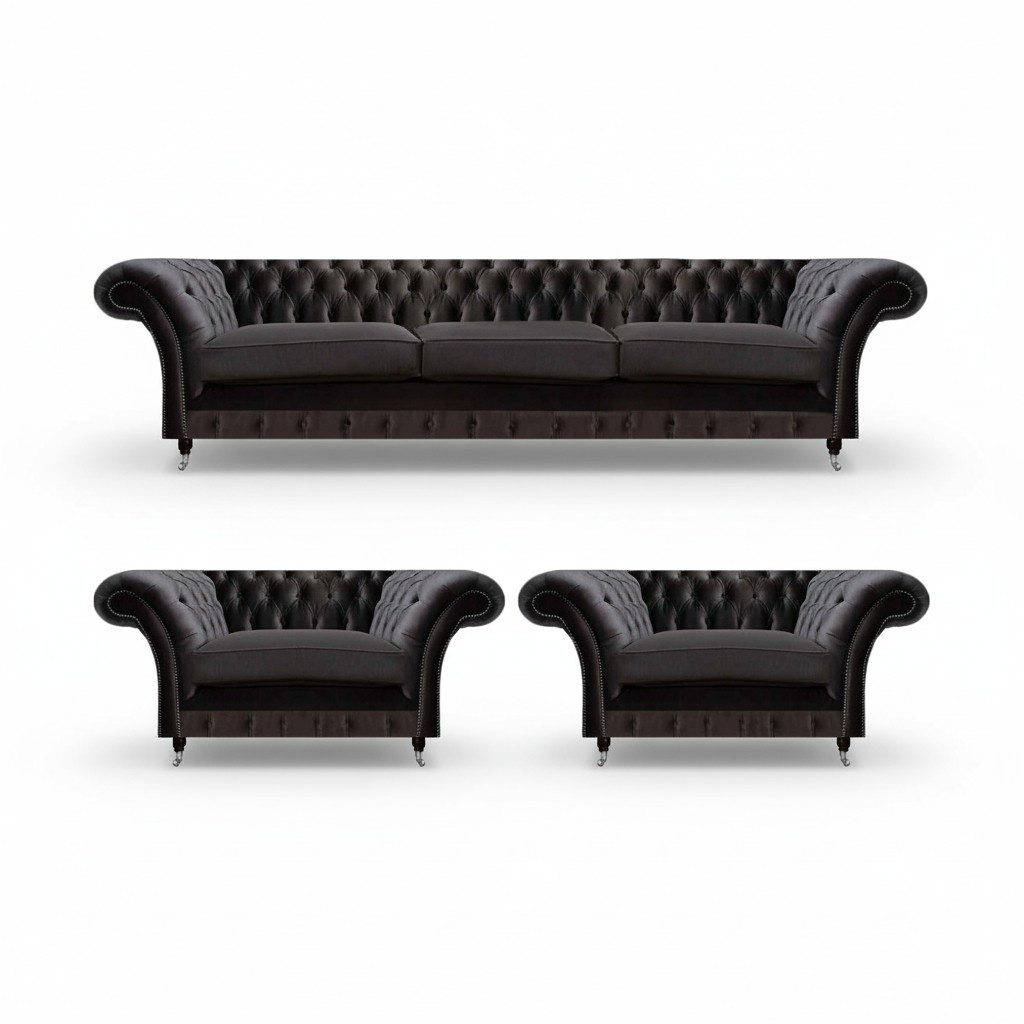 Send Chesterfield sofas black three-seater 2x upholstered armchairs