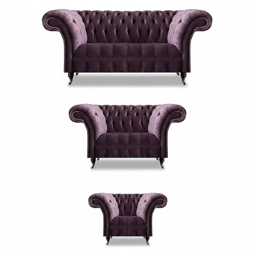 Send Chesterfield purple sofa set seating group 3-seater 2-seater armchair.
