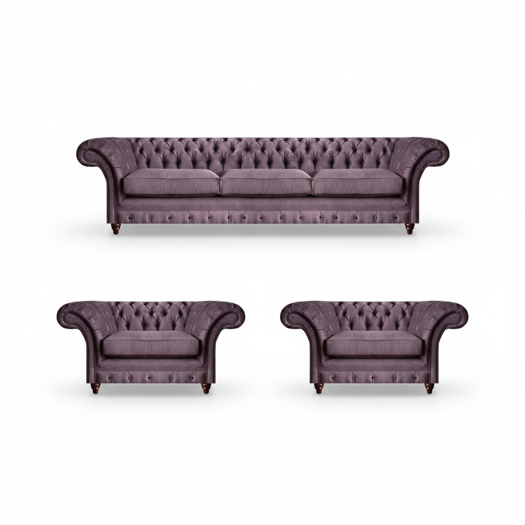 Send Chesterfield purple sofa set upholstered furniture 3-piece elegant couch set