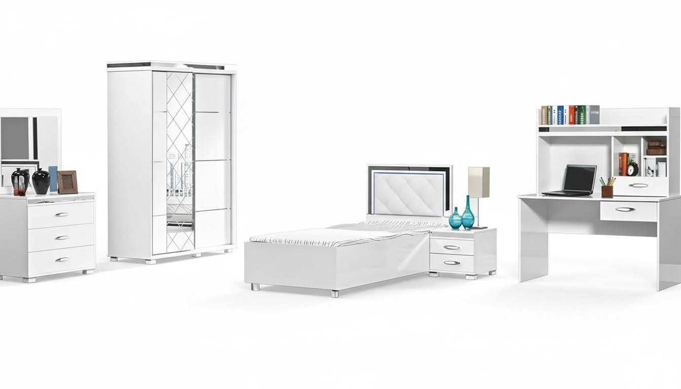 Children\'s furniture bed nightstand wardrobe 5-piece white single bed tables