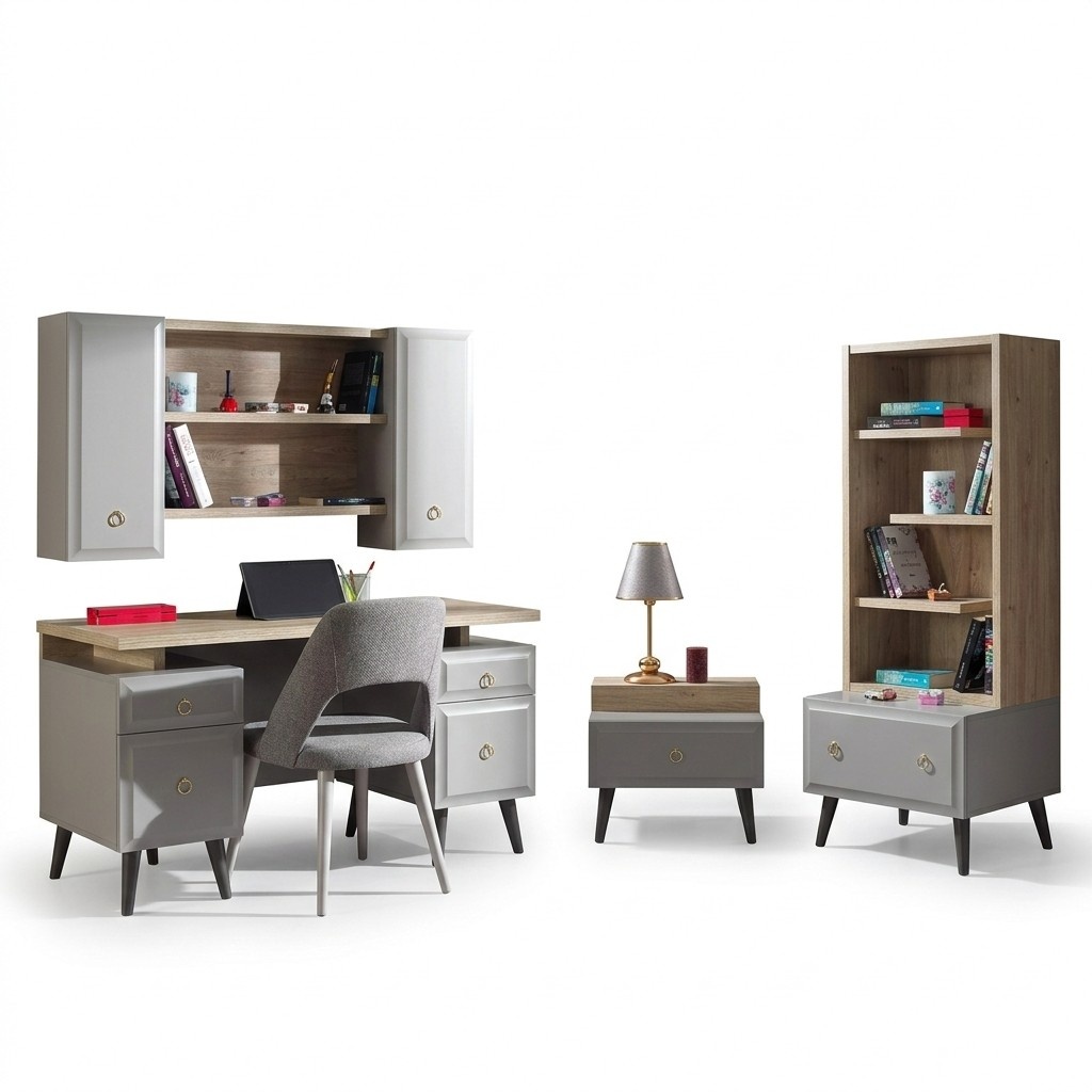 Children\'s room group youth bed children\'s furniture bed wood grey set 5 pcs