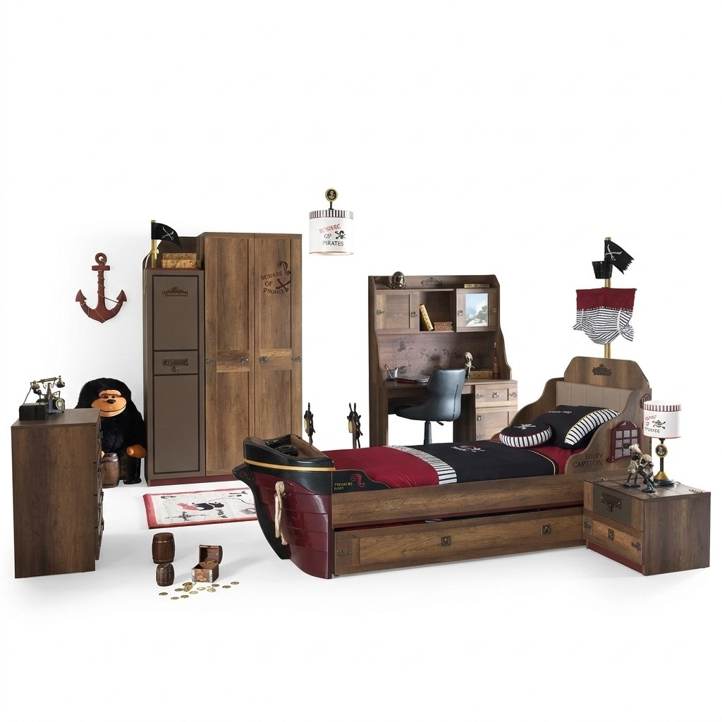 Children\'s room pirate bed ship wardrobe table double beds 5 pcs