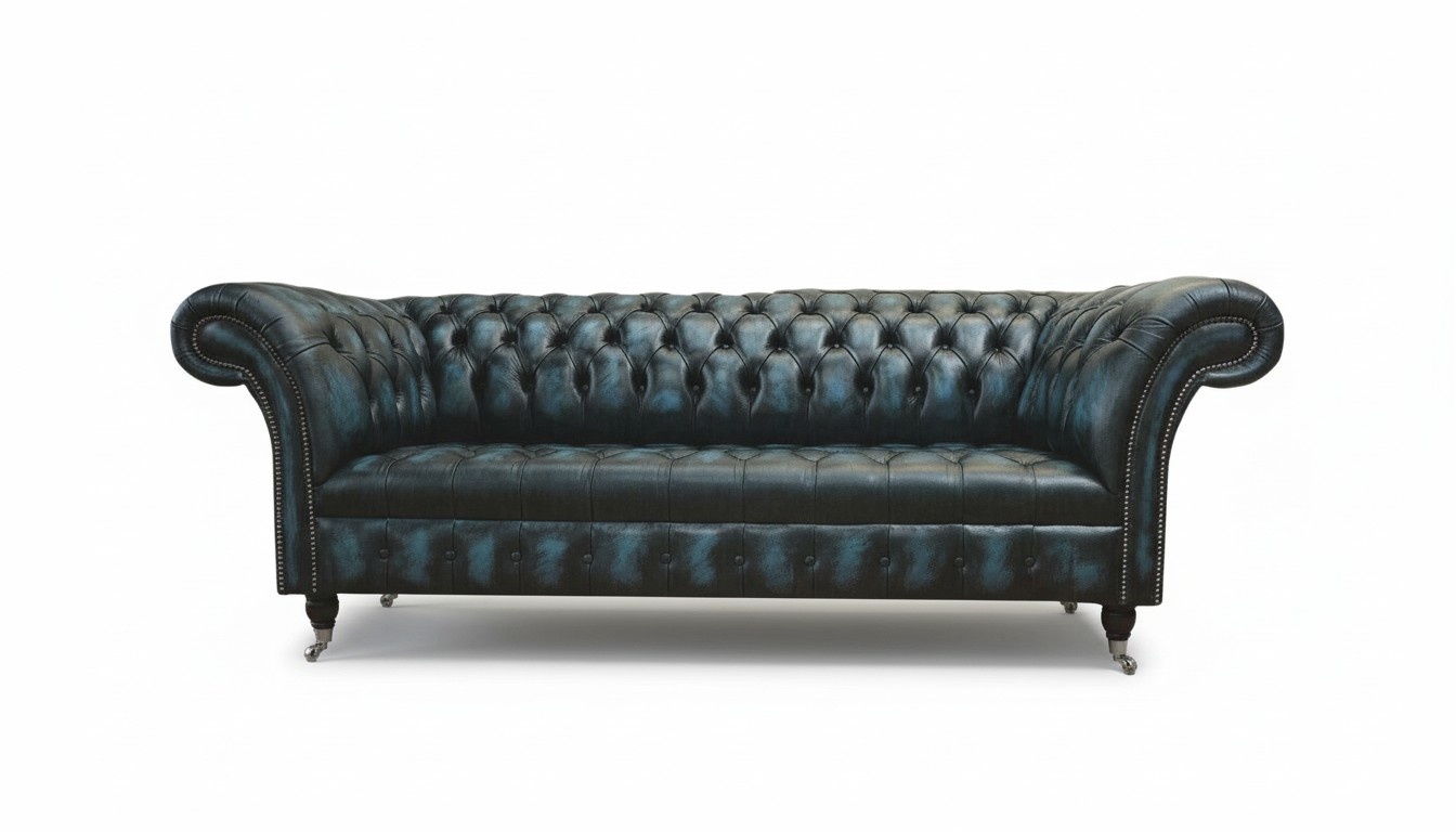 Classic 3 Seat Couch Upholstery Seat Chesterfield Textile Leather Blue