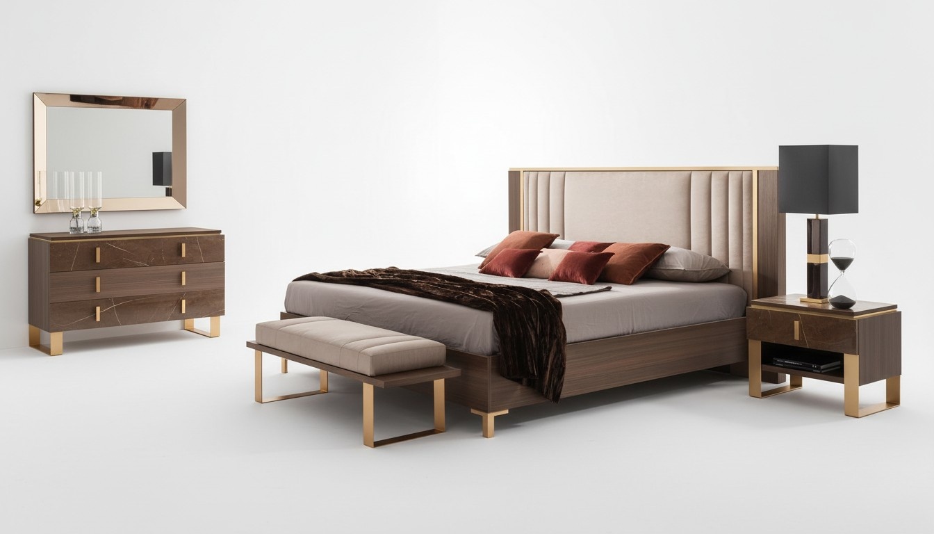 Classic 4pcs Bedroom Modern Set Bed Bedside Table Dresser arredoclassic