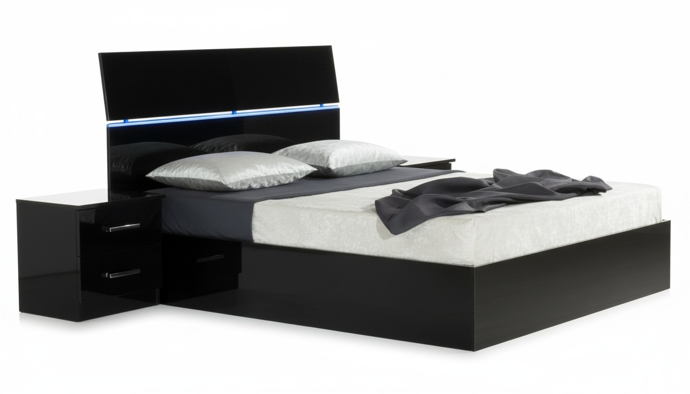 Modern style massive marriage double bed made of real gloss wooden frame with LED light