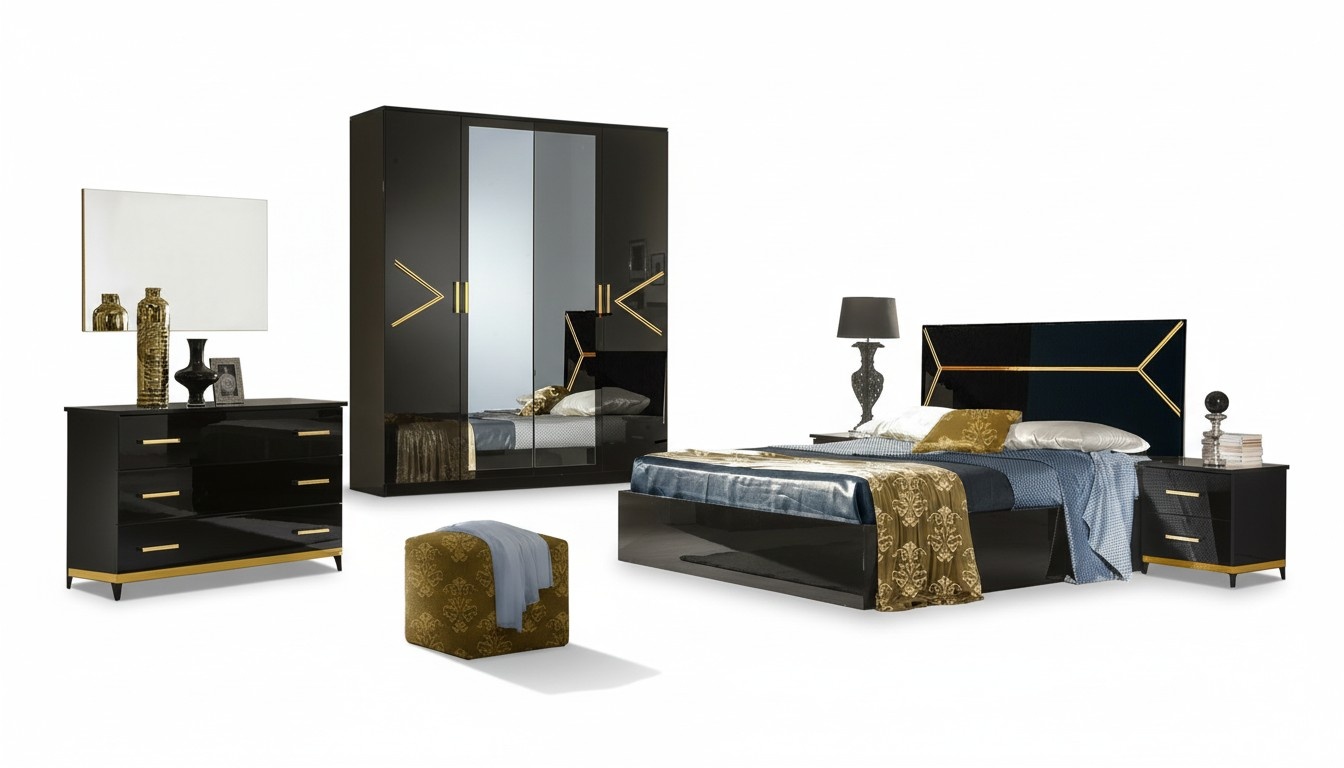 Classic bedroom set luxury modern style bed 6 pieces. Wooden chest of drawers