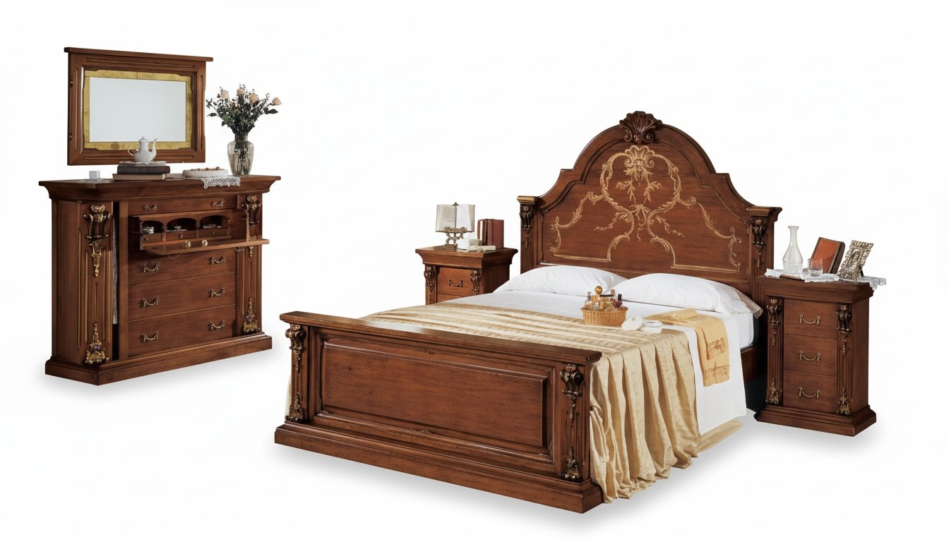 Classic Brown Bedroom Set Bed 2x Nightstands Dresser Set 5pcs