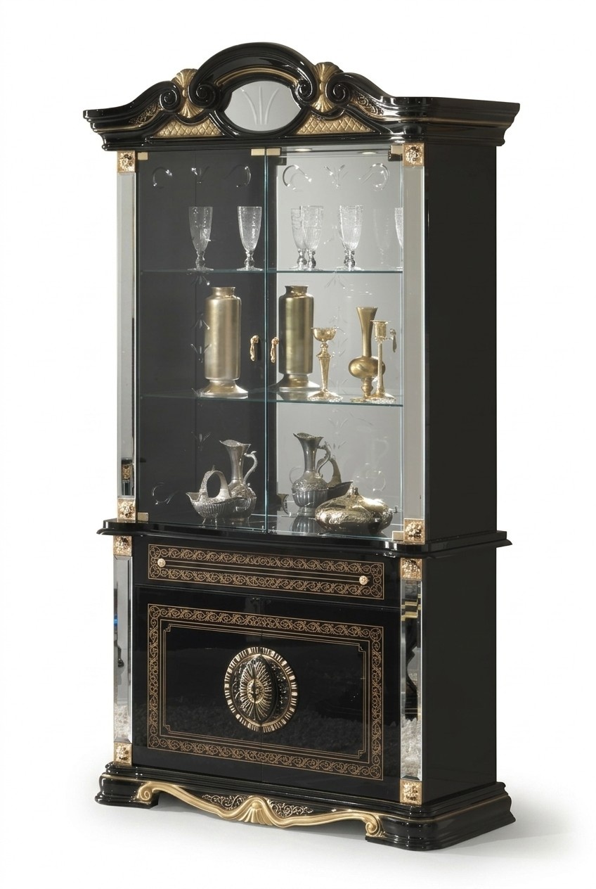Baroque style made of real wooden living room gloss showcase/cupboard with glass swing doors & shelves