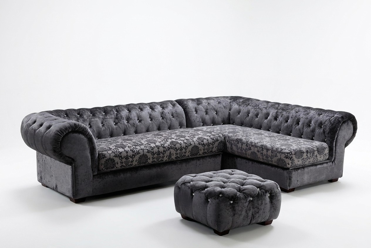 Classic Chesterfield Fabric L Shape Couch Living Area Corner Sofa Set Sofa