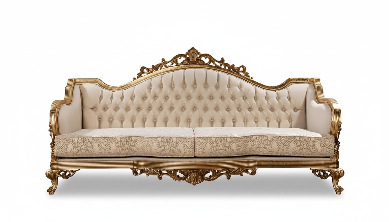Three-Seater Classic Baroque Rococo Upholstered Sofa in Gold Wood Quality