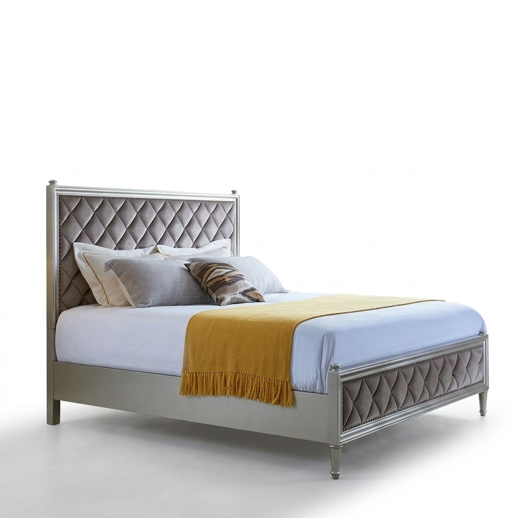 Modern style mad of real wooden massive double bed with high leather backrest