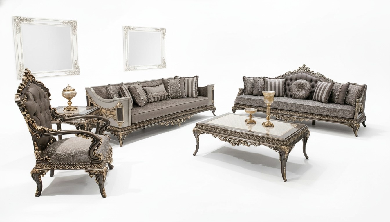 Classic Grey Chesterfield Sofa Set 3+3+1 Seater Coffee Table 4 pieces