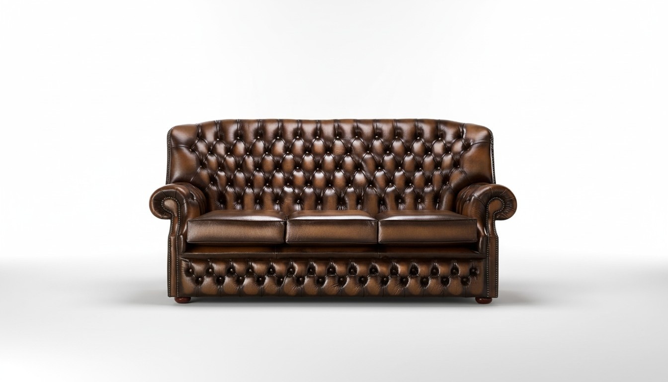 Classic Leather Sofa Couch Upholstery 3-Seater Brown With Buttons Comfortable Living Room New