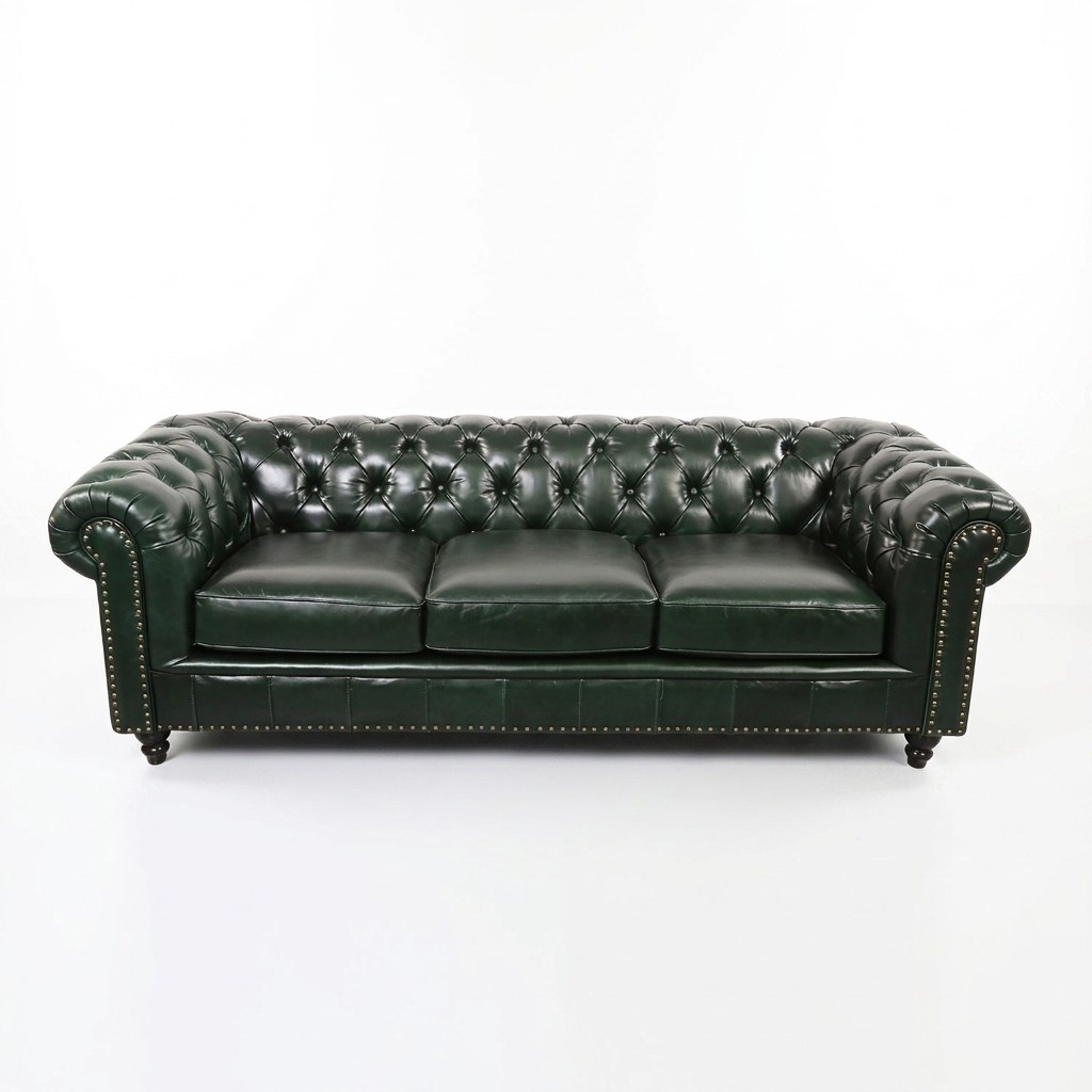 Premium Chesterfield Sofa Classic 3-Seater Green Faux Leather Glossy Cover With Cushions