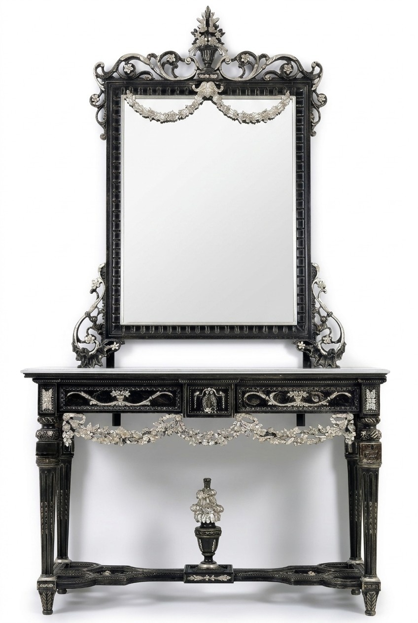 Classic mirror dressing table console table white wood bedroom furniture 2 pieces