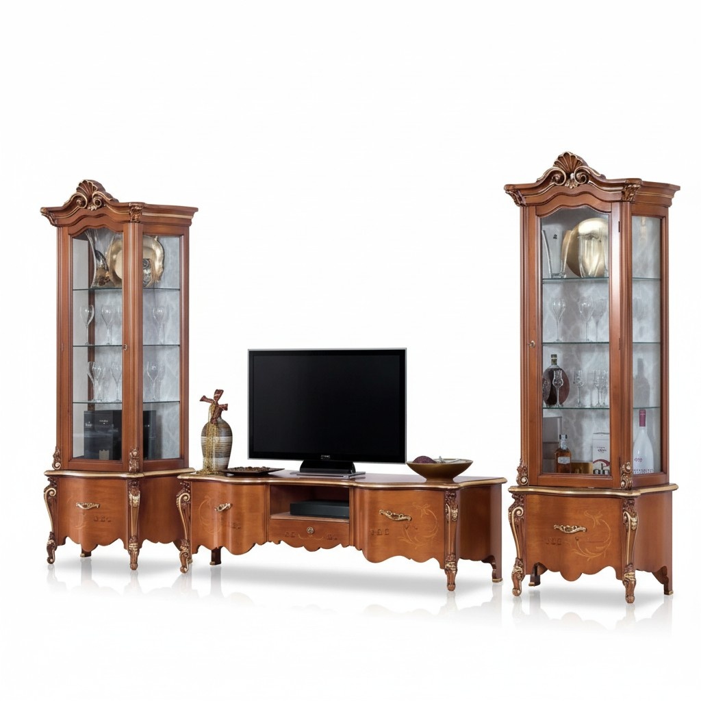Classic TV Stand Luxury 2x Glass Cabinet Living Room Furniture Living Wall Wood