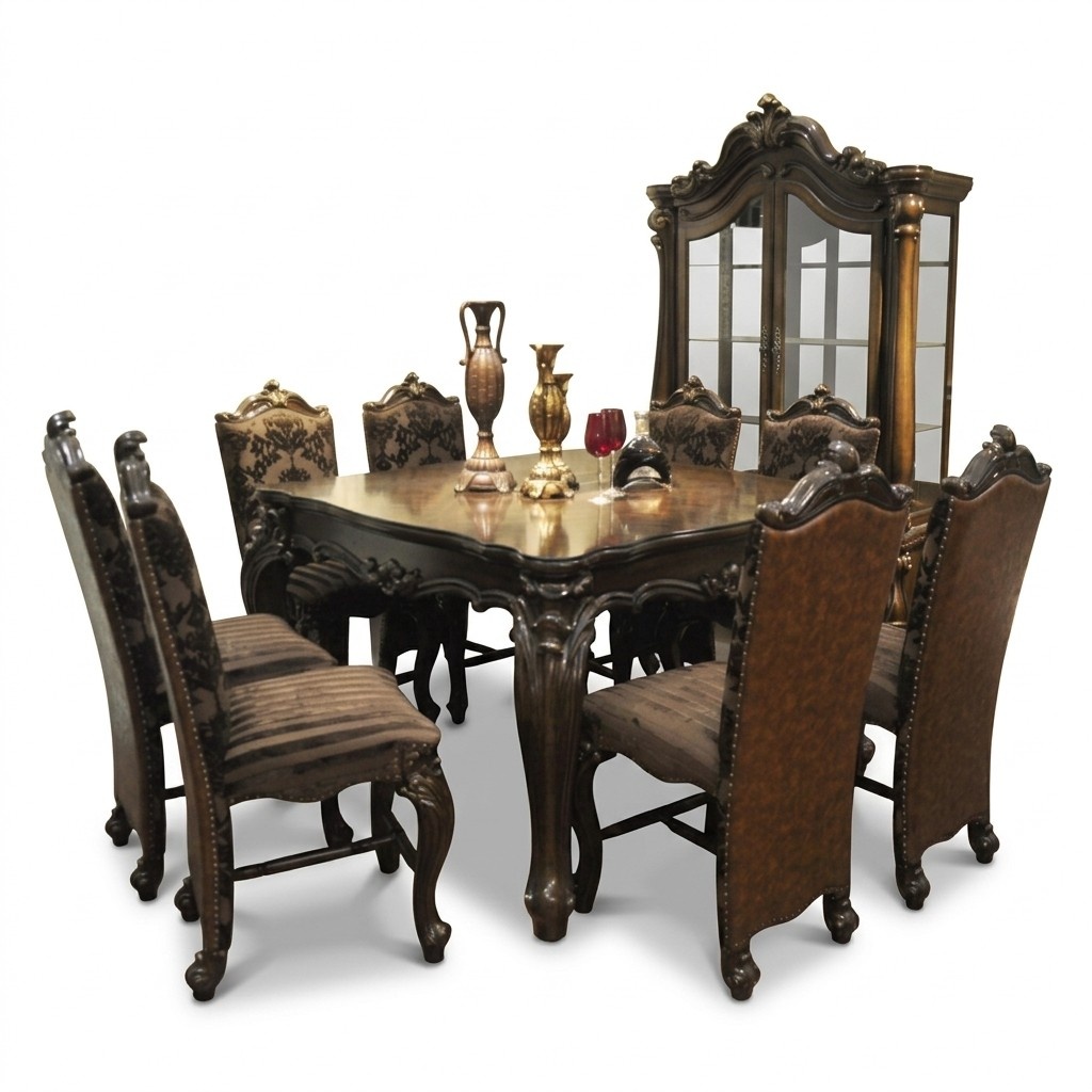 Baroque style made of real wooden restaurant/dining/living room set of square table & 8x-chairs