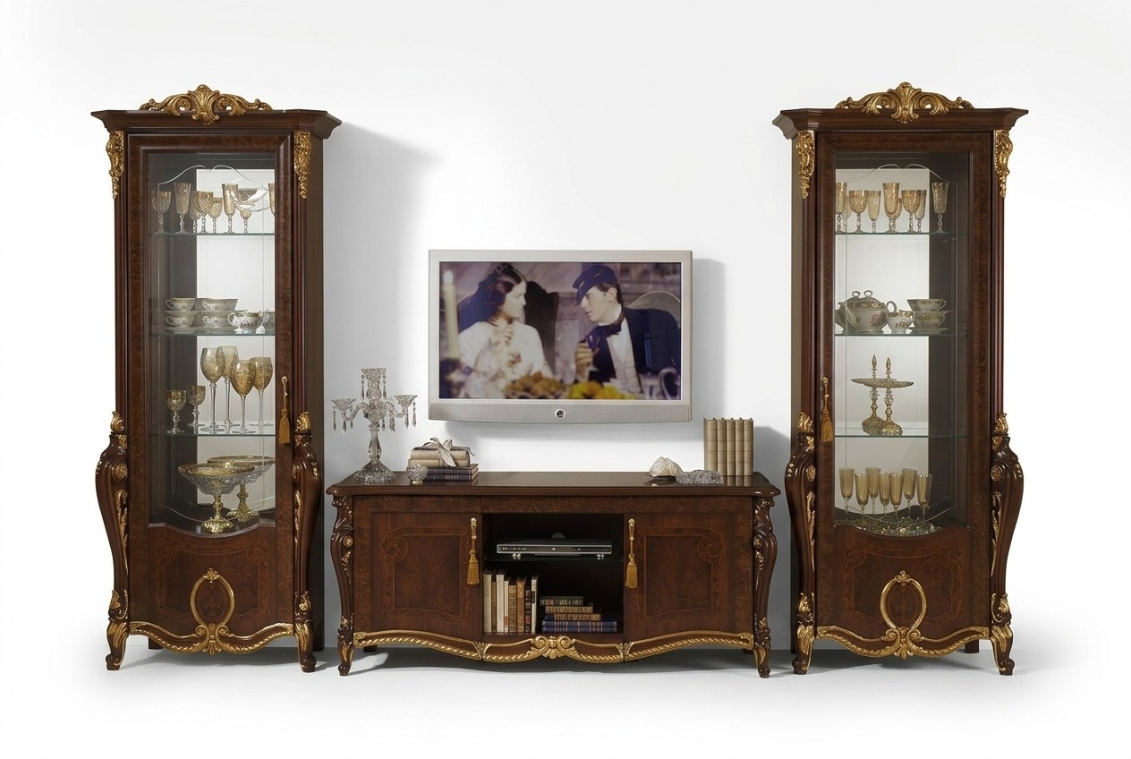 Classic style living room wall unit wooden 2x showcase & TV lowboard